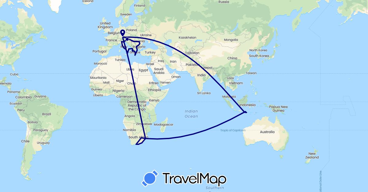 TravelMap itinerary: driving in Albania, Austria, Bulgaria, Germany, Greece, Indonesia, Italy, Lesotho, Romania, South Africa (Africa, Asia, Europe)